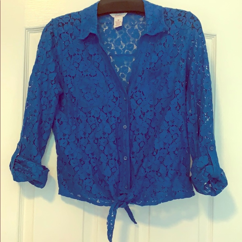 Lace Crop tie waist button down with 3/4 sleeves size medium - Picture 3 of 9